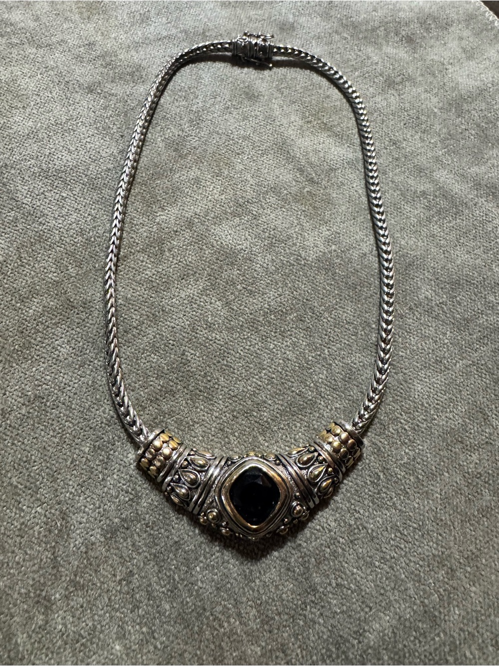 Silver-Tone Black Stone Ornate Necklace